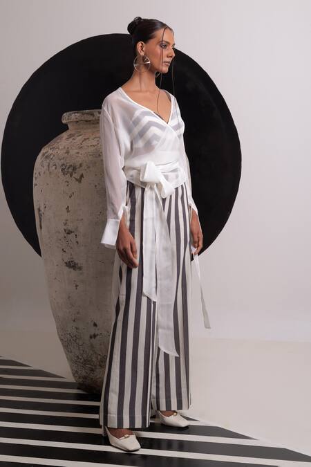 Nautanky Ivory Organza, Handloom Cotton V-neck Wabi Shirt With Pant Set at Aza Fashions Nautanky_Ivory Organza, Handloom Cotton V-neck Wabi Shirt With Pant Set _at_Aza_Fashions