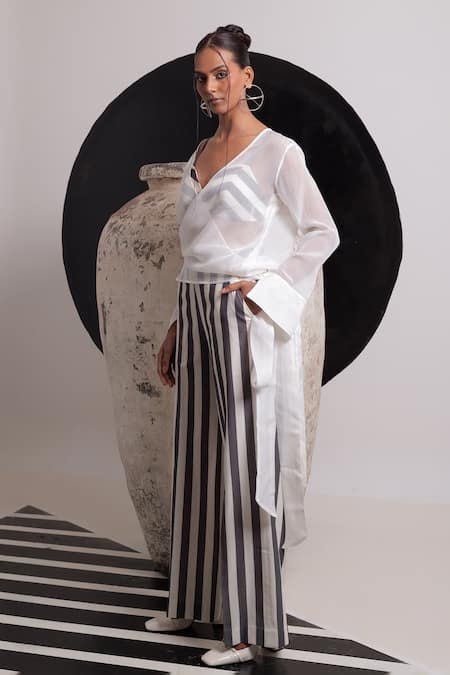 Shop Nautanky Ivory Organza, Handloom Cotton V-neck Wabi Shirt With Pant Set Shop_Nautanky_Ivory Organza, Handloom Cotton V-neck Wabi Shirt With Pant Set