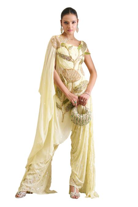 Moledro_Yellow Georgette, Linen Pearls, Athena Bloom Embroidered Blouse With Cowl Pant _Online_at_Aza_Fashions