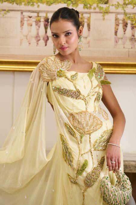 Shop_Moledro_Yellow Georgette, Linen Pearls, Athena Bloom Embroidered Blouse With Cowl Pant _Online_at_Aza_Fashions