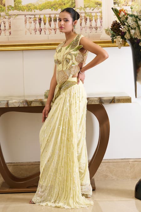 Moledro_Yellow Georgette, Linen Pearls, Athena Bloom Embroidered Blouse With Cowl Pant _at_Aza_Fashions