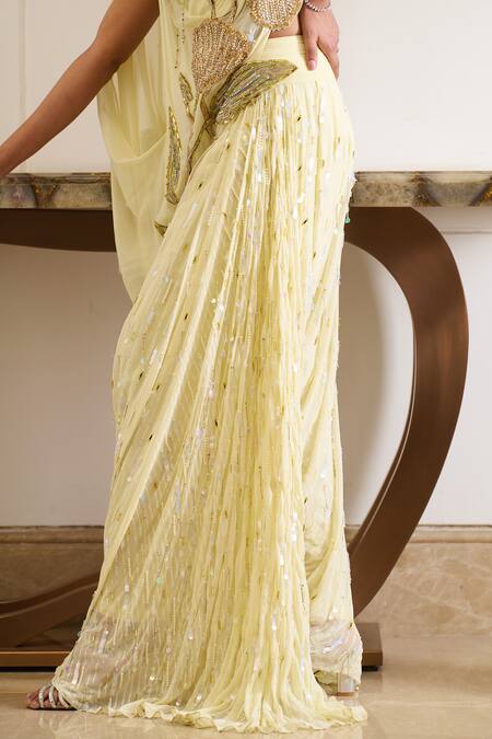 Buy_Moledro_Yellow Georgette, Linen Pearls, Athena Bloom Embroidered Blouse With Cowl Pant 