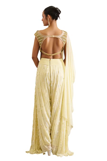 Shop_Moledro_Yellow Georgette, Linen Pearls, Athena Bloom Embroidered Blouse With Cowl Pant 