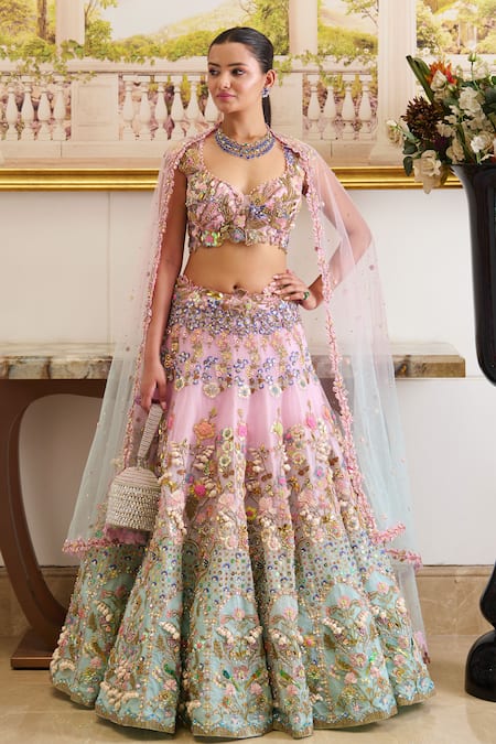 Moledro Pink Lehenga And Blouse Organza Embroidery Pearl Azura Gardenia Bridal Set 