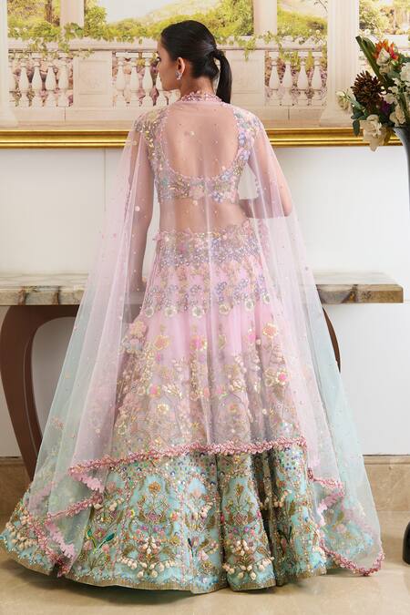 Shop Moledro Pink Organza, Denim, Net Pearls, Azura Gardenia Embroidered Bridal Lehenga Set at Aza Fashions Shop_Moledro_Pink Organza, Denim, Net Pearls, Azura Gardenia Embroidered Bridal Lehenga Set_at_Aza_Fashions