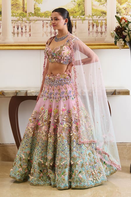 Moledro Pink Organza, Denim, Net Pearls, Azura Gardenia Embroidered Bridal Lehenga Set Online at Aza Fashions Moledro_Pink Organza, Denim, Net Pearls, Azura Gardenia Embroidered Bridal Lehenga Set_Online_at_Aza_Fashions