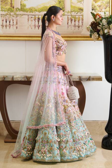 Buy Moledro Pink Organza, Denim, Net Pearls, Azura Gardenia Embroidered Bridal Lehenga Set Online at Aza Fashions Buy_Moledro_Pink Organza, Denim, Net Pearls, Azura Gardenia Embroidered Bridal Lehenga Set_Online_at_Aza_Fashions