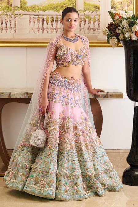 Shop Moledro Pink Organza, Denim, Net Pearls, Azura Gardenia Embroidered Bridal Lehenga Set Online at Aza Fashions Shop_Moledro_Pink Organza, Denim, Net Pearls, Azura Gardenia Embroidered Bridal Lehenga Set_Online_at_Aza_Fashions