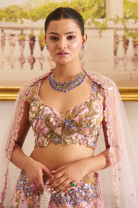 Moledro Pink Organza, Denim, Net Pearls, Azura Gardenia Embroidered Bridal Lehenga Set at Aza Fashions Moledro_Pink Organza, Denim, Net Pearls, Azura Gardenia Embroidered Bridal Lehenga Set_at_Aza_Fashions
