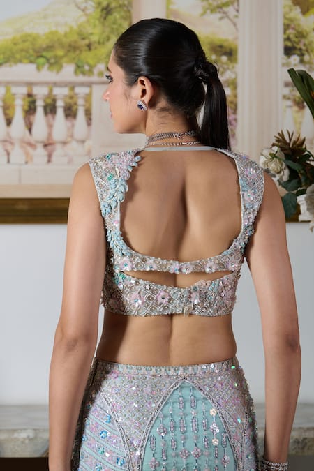 Moledro Blue Organza, Net Sequins, Daria Iris Garden Embroidered Bridal Lehenga Set at Aza Fashions Moledro_Blue Organza, Net Sequins, Daria Iris Garden Embroidered Bridal Lehenga Set _at_Aza_Fashions