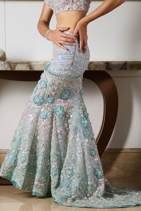 Buy Moledro Blue Organza, Net Sequins, Daria Iris Garden Embroidered Bridal Lehenga Set Buy_Moledro_Blue Organza, Net Sequins, Daria Iris Garden Embroidered Bridal Lehenga Set