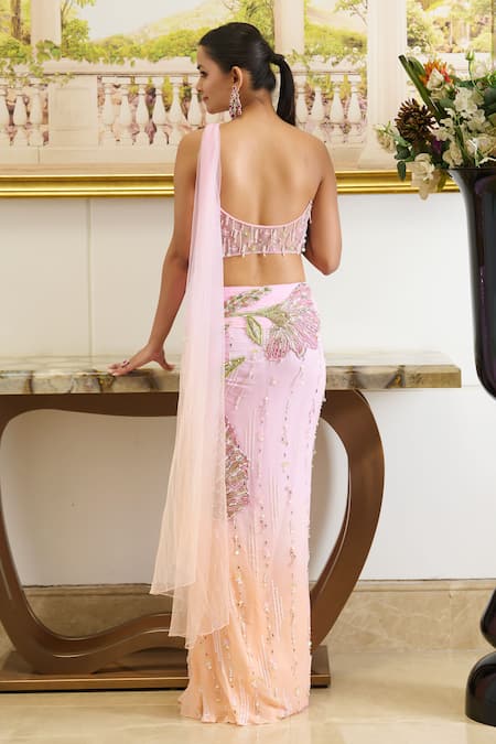 Shop_Moledro_Pink Georgette, Net Beads, Giza Fleur Embroidered Blouse With Draped Skirt _at_Aza_Fashions