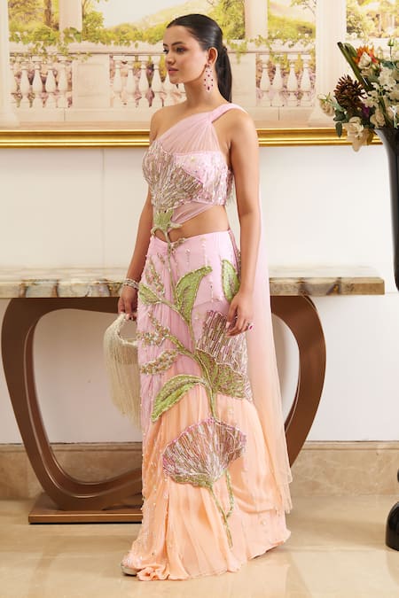 Moledro_Pink Georgette, Net Beads, Giza Fleur Embroidered Blouse With Draped Skirt _Online_at_Aza_Fashions