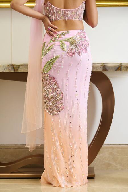 Buy_Moledro_Pink Georgette, Net Beads, Giza Fleur Embroidered Blouse With Draped Skirt _Online_at_Aza_Fashions