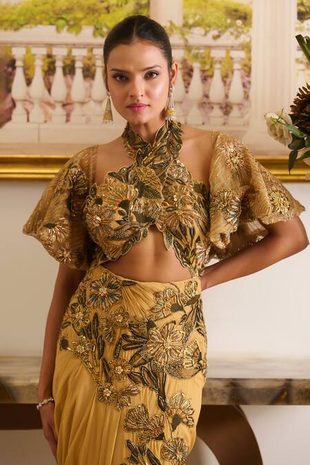 Moledro Green Net, Georgette Embroidery, Sequins, Beads Kai Blossom Cape Skirt Set Online at Aza Fashions Moledro_Green Net, Georgette Embroidery, Sequins, Beads Kai Blossom Cape Skirt Set _Online_at_Aza_Fashions