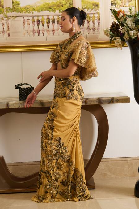 Moledro Green Net, Georgette Embroidery, Sequins, Beads Kai Blossom Cape Skirt Set at Aza Fashions Moledro_Green Net, Georgette Embroidery, Sequins, Beads Kai Blossom Cape Skirt Set _at_Aza_Fashions