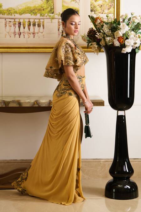 Buy Moledro Green Net, Georgette Embroidery, Sequins, Beads Kai Blossom Cape Skirt Set Buy_Moledro_Green Net, Georgette Embroidery, Sequins, Beads Kai Blossom Cape Skirt Set