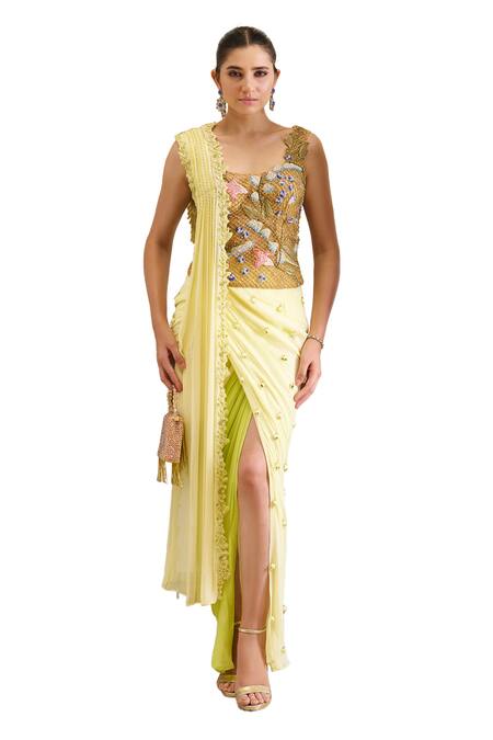 Moledro_Green Georgette, Wool Lulu Drop Embellished Pre-draped Saree With Blouse _Online_at_Aza_Fashions