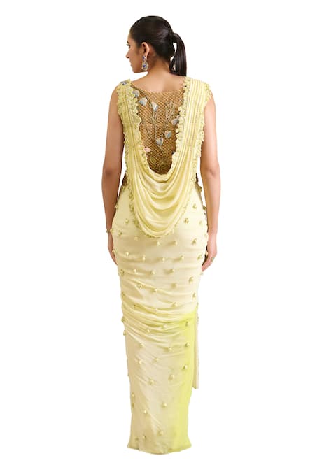 Moledro_Green Georgette, Wool Lulu Drop Embellished Pre-draped Saree With Blouse _at_Aza_Fashions