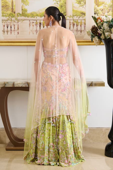 Shop Moledro Peach Organza, Georgette, Net Sequins, Marina Paradise Embroidered Lehenga Set at Aza Fashions Shop_Moledro_Peach Organza, Georgette, Net Sequins, Marina Paradise Embroidered Lehenga Set _at_Aza_Fashions