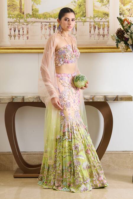 Moledro Peach Organza, Georgette, Net Sequins, Marina Paradise Embroidered Lehenga Set Online at Aza Fashions Moledro_Peach Organza, Georgette, Net Sequins, Marina Paradise Embroidered Lehenga Set _Online_at_Aza_Fashions