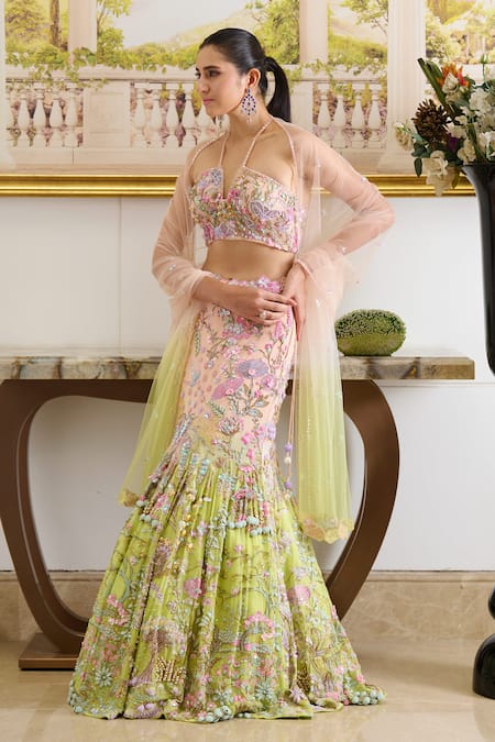 Buy Moledro Peach Organza, Georgette, Net Sequins, Marina Paradise Embroidered Lehenga Set Online at Aza Fashions Buy_Moledro_Peach Organza, Georgette, Net Sequins, Marina Paradise Embroidered Lehenga Set _Online_at_Aza_Fashions