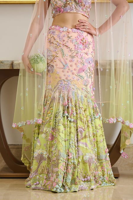 Shop Moledro Peach Organza, Georgette, Net Sequins, Marina Paradise Embroidered Lehenga Set Online at Aza Fashions Shop_Moledro_Peach Organza, Georgette, Net Sequins, Marina Paradise Embroidered Lehenga Set _Online_at_Aza_Fashions