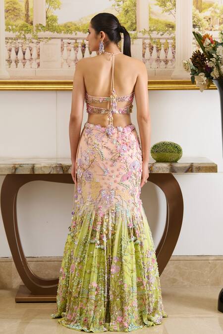 Moledro Peach Organza, Georgette, Net Sequins, Marina Paradise Embroidered Lehenga Set at Aza Fashions Moledro_Peach Organza, Georgette, Net Sequins, Marina Paradise Embroidered Lehenga Set _at_Aza_Fashions