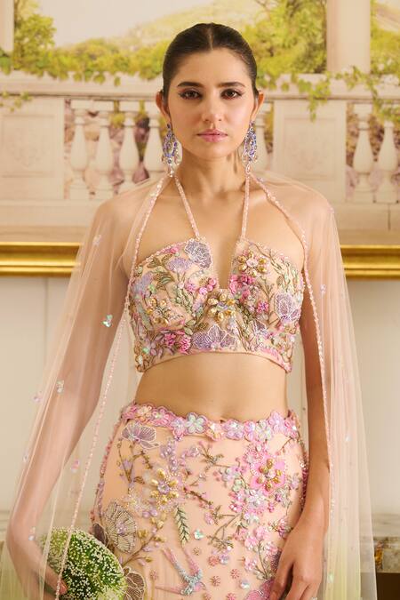 Buy Moledro Peach Organza, Georgette, Net Sequins, Marina Paradise Embroidered Lehenga Set Buy_Moledro_Peach Organza, Georgette, Net Sequins, Marina Paradise Embroidered Lehenga Set