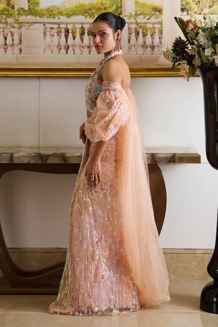 Buy Moledro Peach Organza, Net Sequins, Marissa Florence Embroidered Blouse Draped Skirt Set Online at Aza Fashions Buy_Moledro_Peach Organza, Net Sequins, Marissa Florence Embroidered Blouse Draped Skirt Set _Online_at_Aza_Fashions