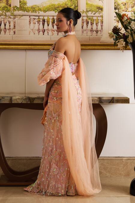 Shop Moledro Peach Organza, Net Sequins, Marissa Florence Embroidered Blouse Draped Skirt Set Online at Aza Fashions Shop_Moledro_Peach Organza, Net Sequins, Marissa Florence Embroidered Blouse Draped Skirt Set _Online_at_Aza_Fashions