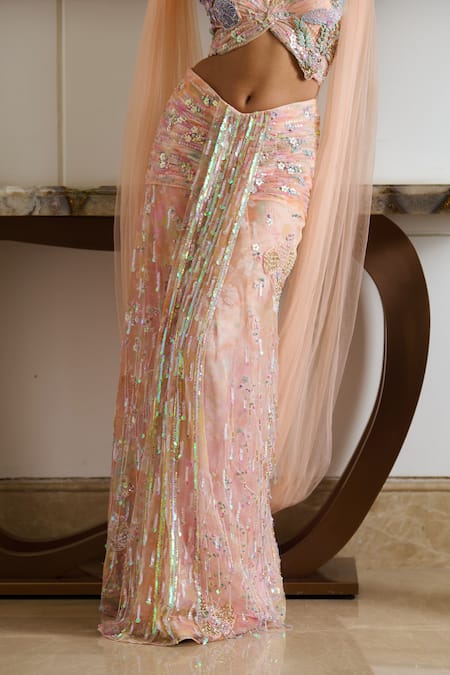 Moledro Peach Organza, Net Sequins, Marissa Florence Embroidered Blouse Draped Skirt Set at Aza Fashions Moledro_Peach Organza, Net Sequins, Marissa Florence Embroidered Blouse Draped Skirt Set _at_Aza_Fashions