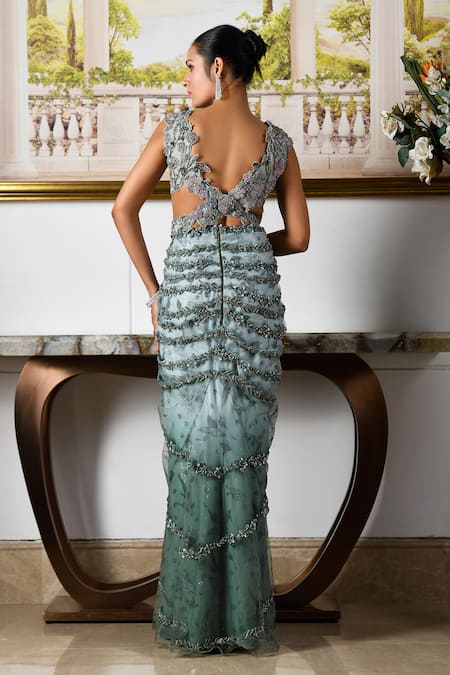 Shop_Moledro_Green Organza, Linen Beads, Sequins Masha Astral Bloom Embroidered Draped Gown _at_Aza_Fashions