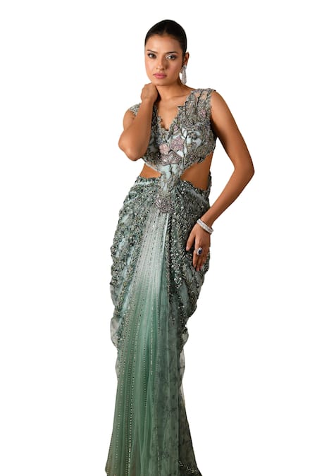 Moledro_Green Organza, Linen Beads, Sequins Masha Astral Bloom Embroidered Draped Gown _Online_at_Aza_Fashions