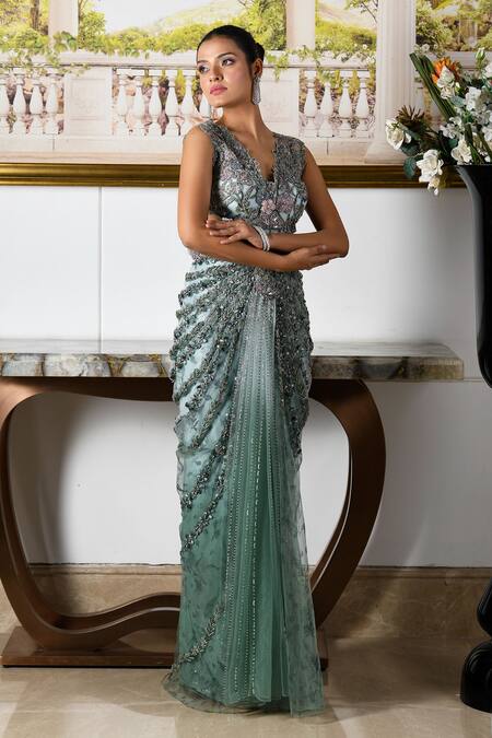 Shop_Moledro_Green Organza, Linen Beads, Sequins Masha Astral Bloom Embroidered Draped Gown _Online_at_Aza_Fashions
