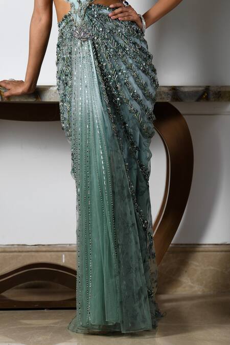 Buy_Moledro_Green Organza, Linen Beads, Sequins Masha Astral Bloom Embroidered Draped Gown 