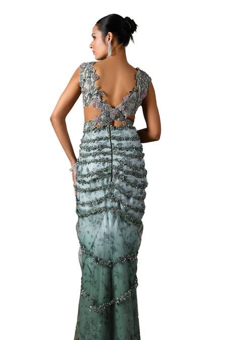 Shop_Moledro_Green Organza, Linen Beads, Sequins Masha Astral Bloom Embroidered Draped Gown 