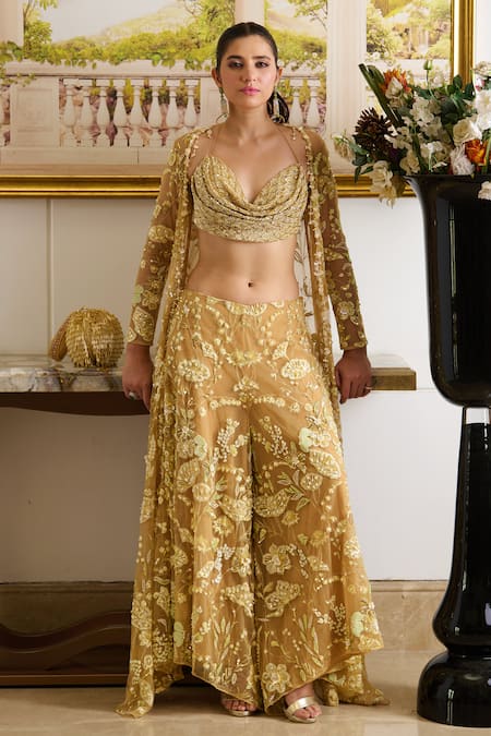 Moledro Gold Butterfly Net Embroidery Sequin Perla Marigold Bloom Cape Pant Set 