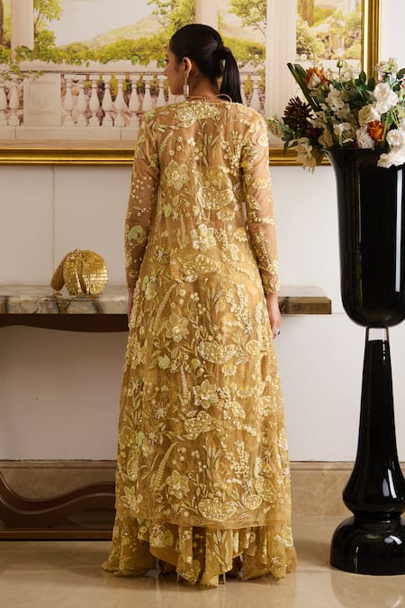 Shop Moledro Gold Pearls, Sequins, Crystals, Perla Marigold Bloom Embroidered Cape Pant Set at Aza Fashions Shop_Moledro_Gold Pearls, Sequins, Crystals, Perla Marigold Bloom Embroidered Cape Pant Set _at_Aza_Fashions