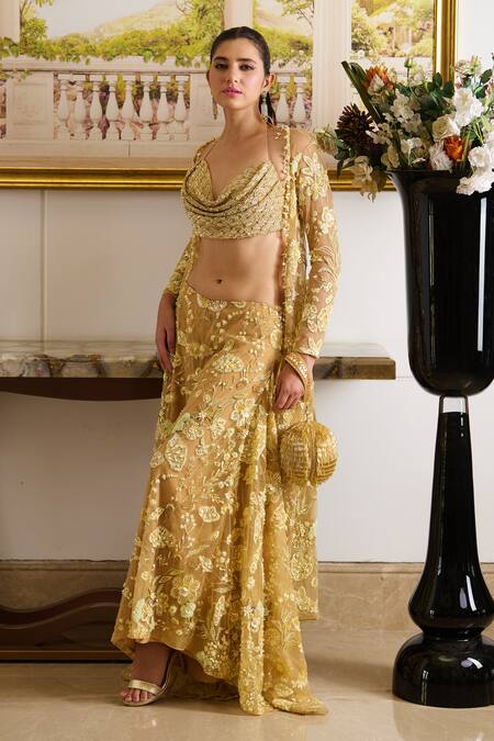 Moledro Gold Pearls, Sequins, Crystals, Perla Marigold Bloom Embroidered Cape Pant Set Online at Aza Fashions Moledro_Gold Pearls, Sequins, Crystals, Perla Marigold Bloom Embroidered Cape Pant Set _Online_at_Aza_Fashions