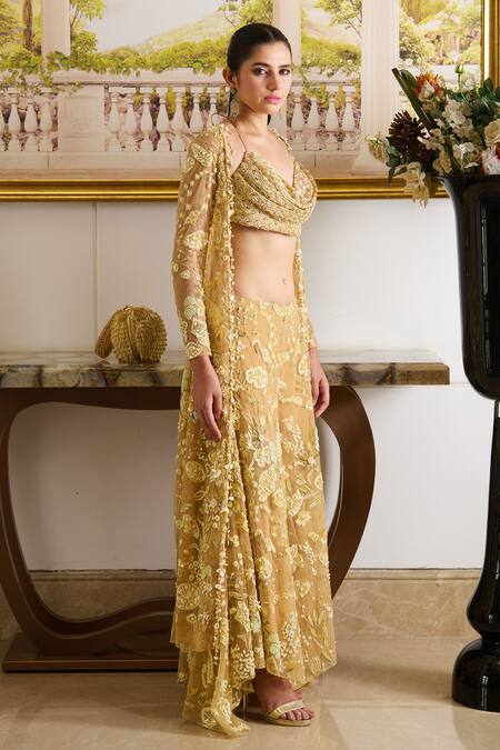 Buy Moledro Gold Pearls, Sequins, Crystals, Perla Marigold Bloom Embroidered Cape Pant Set Online at Aza Fashions Buy_Moledro_Gold Pearls, Sequins, Crystals, Perla Marigold Bloom Embroidered Cape Pant Set _Online_at_Aza_Fashions