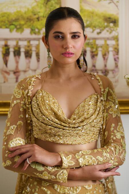 Shop Moledro Gold Pearls, Sequins, Crystals, Perla Marigold Bloom Embroidered Cape Pant Set Online at Aza Fashions Shop_Moledro_Gold Pearls, Sequins, Crystals, Perla Marigold Bloom Embroidered Cape Pant Set _Online_at_Aza_Fashions