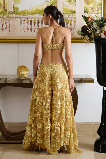Moledro Gold Pearls, Sequins, Crystals, Perla Marigold Bloom Embroidered Cape Pant Set at Aza Fashions Moledro_Gold Pearls, Sequins, Crystals, Perla Marigold Bloom Embroidered Cape Pant Set _at_Aza_Fashions