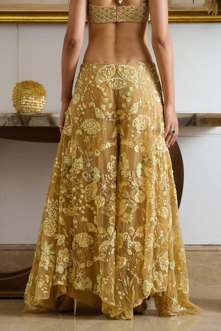 Buy Moledro Gold Pearls, Sequins, Crystals, Perla Marigold Bloom Embroidered Cape Pant Set Buy_Moledro_Gold Pearls, Sequins, Crystals, Perla Marigold Bloom Embroidered Cape Pant Set