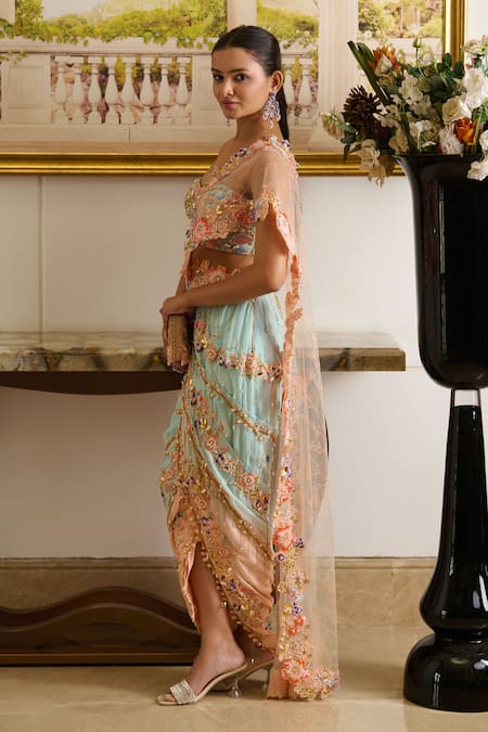 Moledro_Peach Silk, Rian Park Bloom Embroidered Pre-draped Saree With Tube Blouse _Online_at_Aza_Fashions