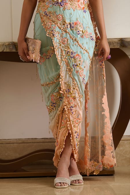 Shop_Moledro_Peach Silk, Rian Park Bloom Embroidered Pre-draped Saree With Tube Blouse _Online_at_Aza_Fashions