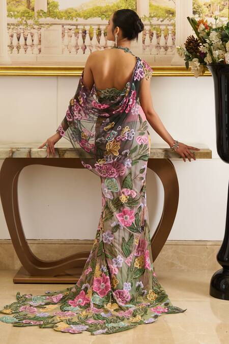 Shop Moledro Pink Cotton, Net Rydia Tropical Bloom Embroidered Blouse With Draped Skirt at Aza Fashions Shop_Moledro_Pink Cotton, Net Rydia Tropical Bloom Embroidered Blouse With Draped Skirt_at_Aza_Fashions