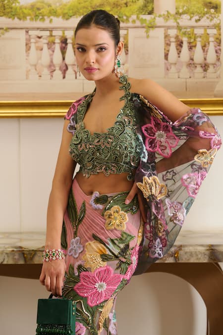 Moledro Pink Cotton, Net Rydia Tropical Bloom Embroidered Blouse With Draped Skirt Online at Aza Fashions Moledro_Pink Cotton, Net Rydia Tropical Bloom Embroidered Blouse With Draped Skirt_Online_at_Aza_Fashions