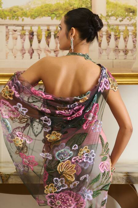 Moledro Pink Cotton, Net Rydia Tropical Bloom Embroidered Blouse With Draped Skirt at Aza Fashions Moledro_Pink Cotton, Net Rydia Tropical Bloom Embroidered Blouse With Draped Skirt_at_Aza_Fashions