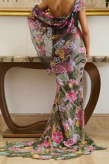 Buy Moledro Pink Cotton, Net Rydia Tropical Bloom Embroidered Blouse With Draped Skirt Buy_Moledro_Pink Cotton, Net Rydia Tropical Bloom Embroidered Blouse With Draped Skirt